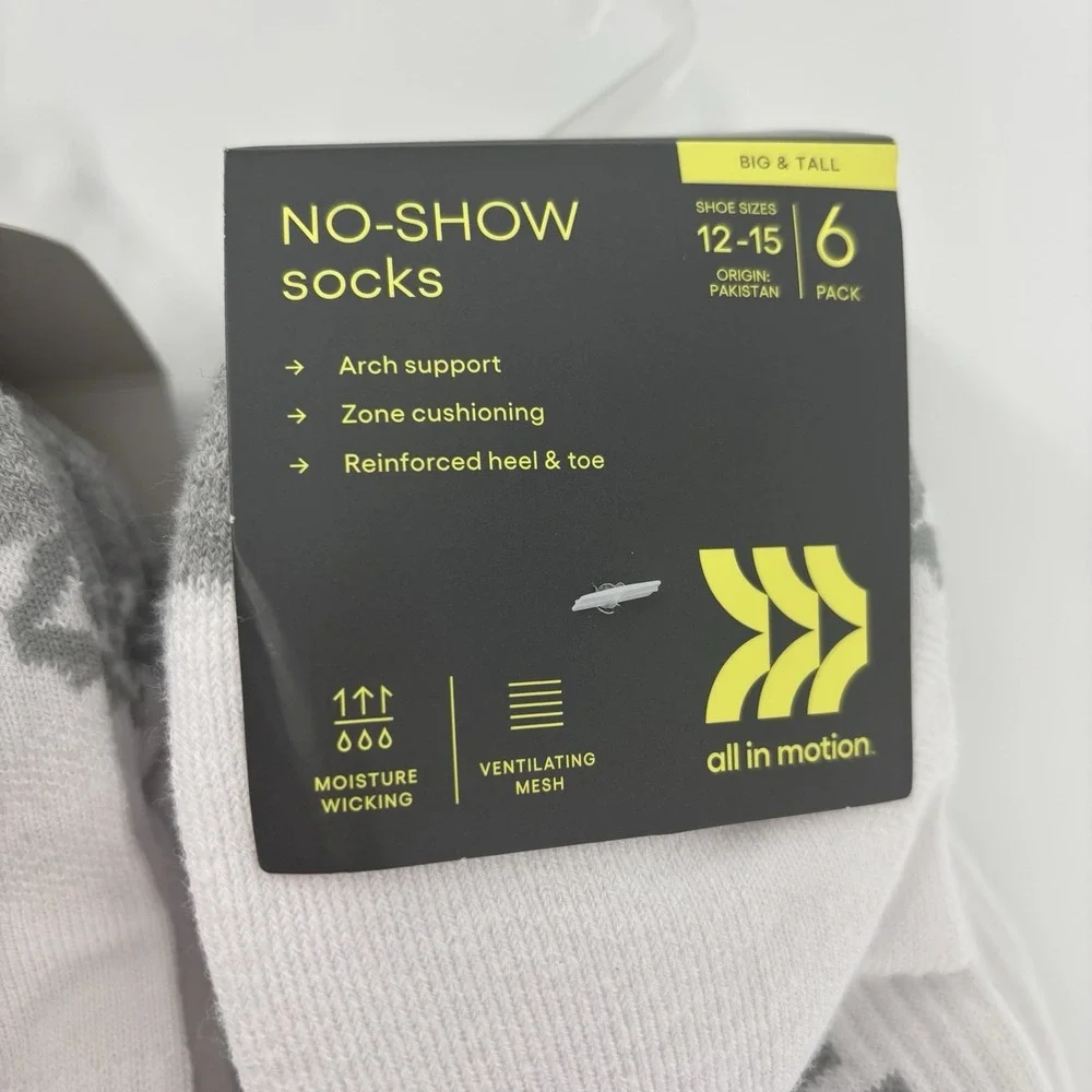 2 Packs/12 Pair All In Motion No Show Socks Men Size 12-15 White Big/Tall Active